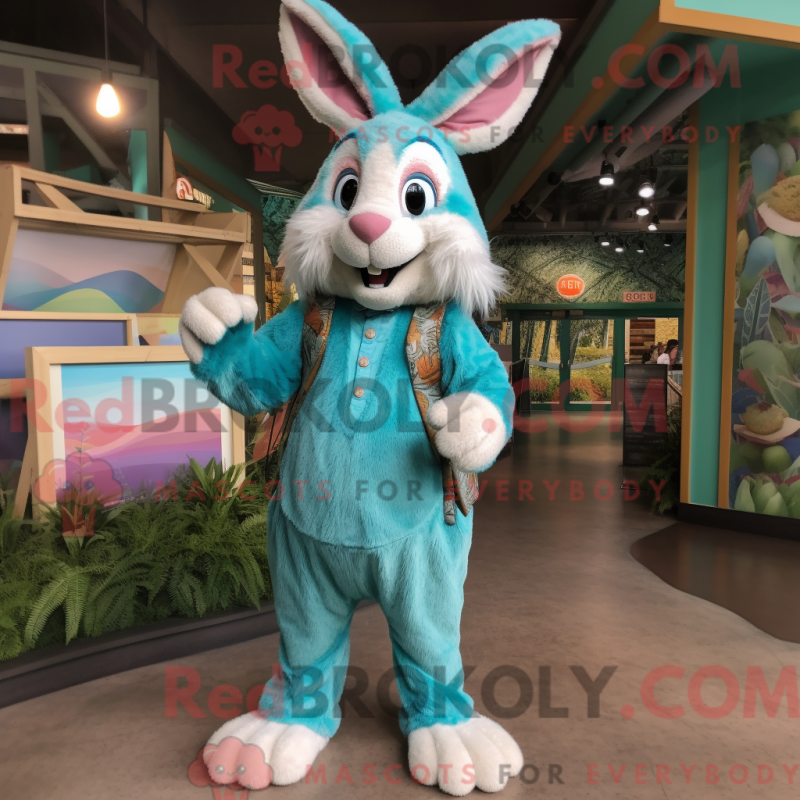 Mascot character of a Turquoise Rabbit dressed with a Maxi Dress and Suspenders Mascot character of a Turquoise Rabbit dressed with a Maxi Dress and Suspenders