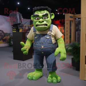 Lime Green Frankenstein'S Monster mascot costume character dressed with a Denim Shorts and Suspenders