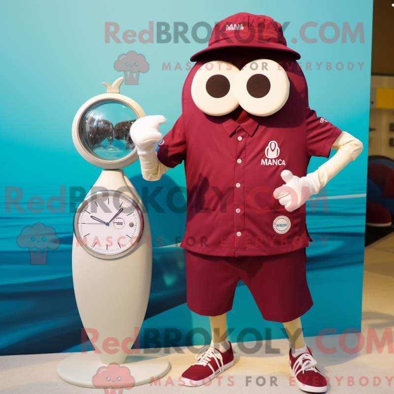 Mascot character of a Maroon Wrist Watch dressed with a One-Piece Swimsuit and Pocket squares Mascot character of a Maroon Wrist Watch dressed with a One-Piece Swimsuit and Pocket squares