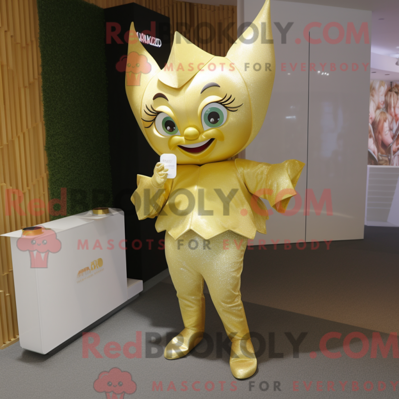 Mascot character of a Gold Tooth Fairy dressed with a Bodysuit and Clutch bags Mascot character of a Gold Tooth Fairy dressed with a Bodysuit and Clutch bags
