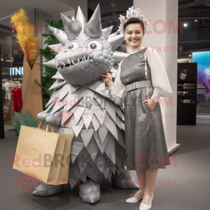 Silver Stegosaurus mascot costume character dressed with a Mini Dress and Tote bags