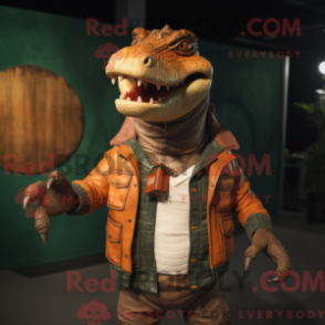 Mascot character of a Rust Crocodile dressed with a Jacket and Wallets