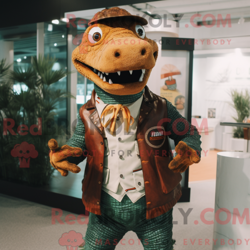 Mascot character of a Rust Crocodile dressed with a Jacket and Wallets Mascot character of a Rust Crocodile dressed with a Jacket and Wallets