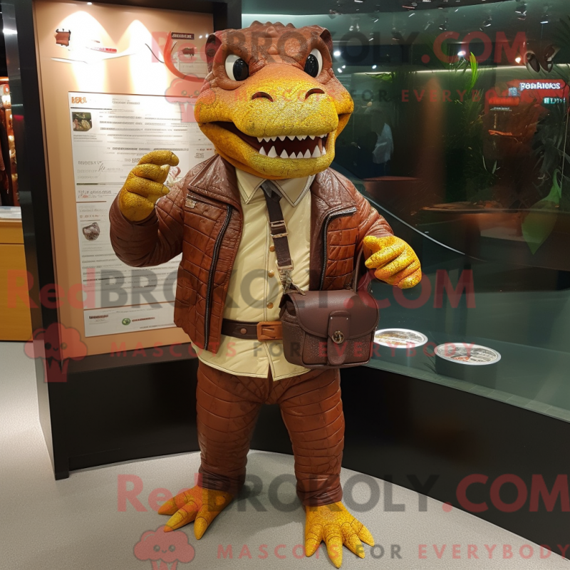 Mascot character of a Rust Crocodile dressed with a Jacket and Wallets Mascot character of a Rust Crocodile dressed with a Jacket and Wallets
