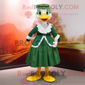 Mascot character of a Forest Green Geese dressed with a Skirt and Headbands
