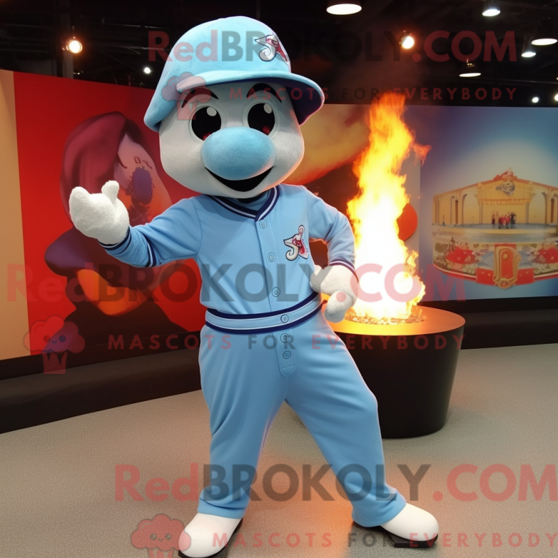 Mascot character of a Sky Blue Fire Eater dressed with a Baseball Tee and Berets Mascot character of a Sky Blue Fire Eater dressed with a Baseball Tee and Berets