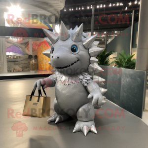 Silver Stegosaurus mascot costume character dressed with a Mini Dress and Tote bags