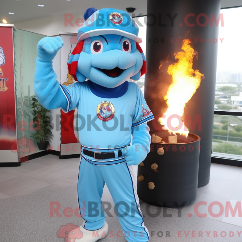 Mascot character of a Sky Blue Fire Eater dressed with a Baseball Tee and Berets Mascot character of a Sky Blue Fire Eater dressed with a Baseball Tee and Berets
