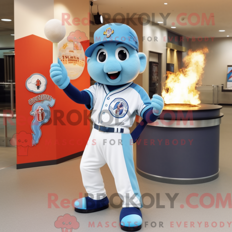 Mascot character of a Sky Blue Fire Eater dressed with a Baseball Tee and Berets Mascot character of a Sky Blue Fire Eater dressed with a Baseball Tee and Berets