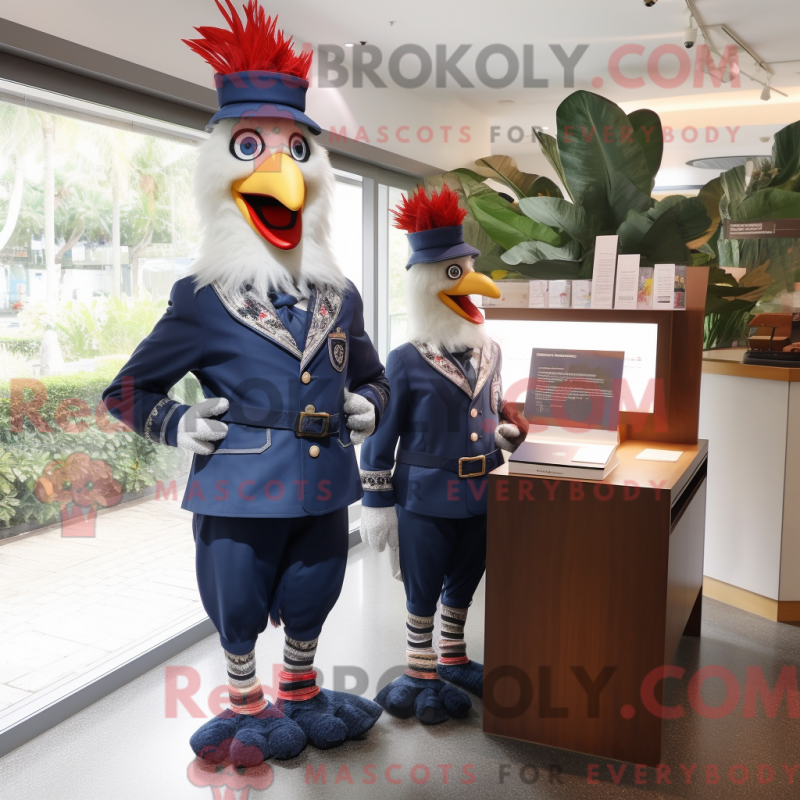 Mascot character of a Navy Roosters dressed with a Pencil Skirt and Wallets Mascot character of a Navy Roosters dressed with a Pencil Skirt and Wallets