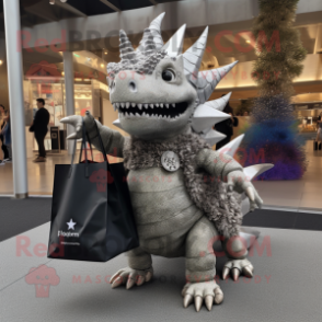Silver Stegosaurus mascot costume character dressed with a Mini Dress and Tote bags