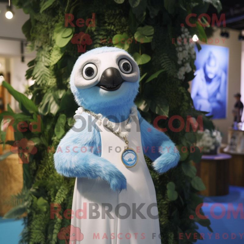 Mascot character of a Blue Sloth dressed with a Wedding Dress and Bracelet watches
