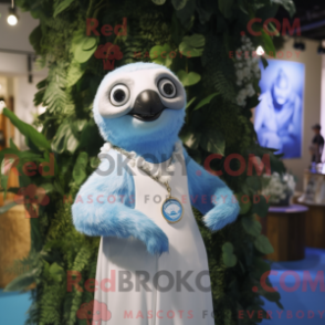 Mascot character of a Blue Sloth dressed with a Wedding Dress and Bracelet watches