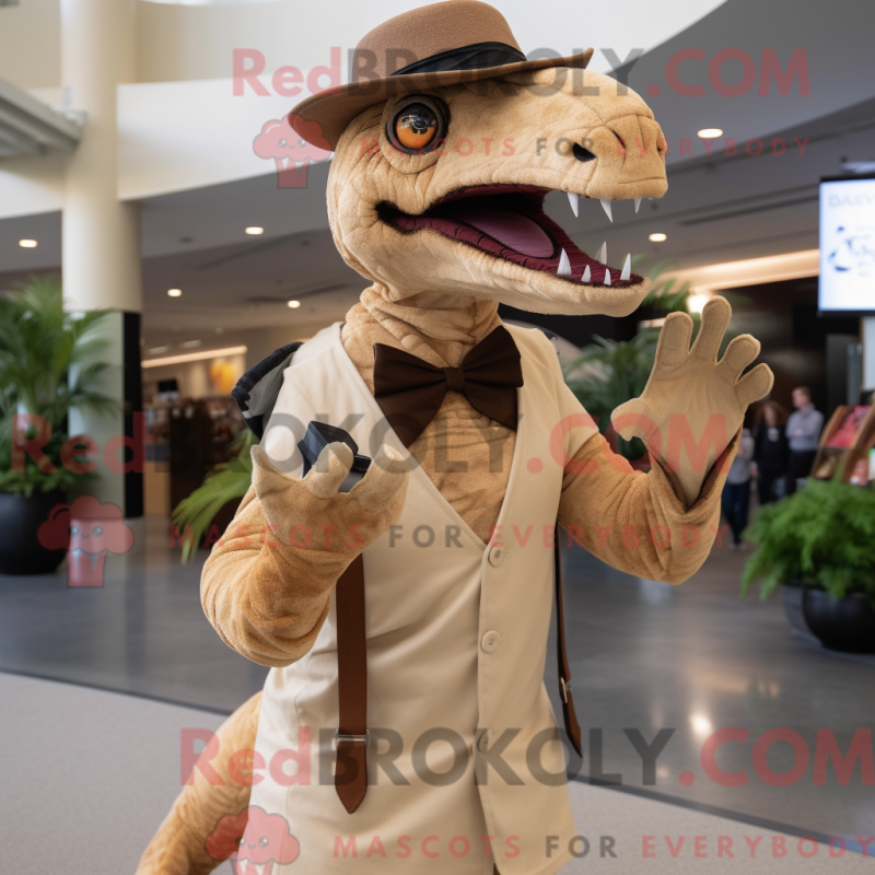 Mascot character of a Beige Deinonychus dressed with a Dress Shirt and Mittens Mascot character of a Beige Deinonychus dressed with a Dress Shirt and Mittens