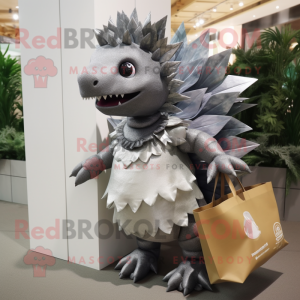 Silver Stegosaurus mascot costume character dressed with a Mini Dress and Tote bags