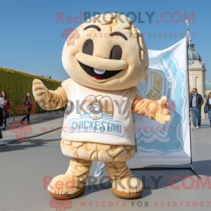 Mascot character of a Cream Croissant dressed with a Boyfriend Jeans and Keychains