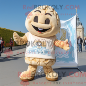 Mascot character of a Cream Croissant dressed with a Boyfriend Jeans and Keychains
