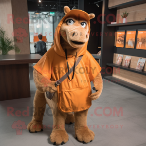 Rust Camel mascot costume character dressed with a Hoodie and Messenger bags