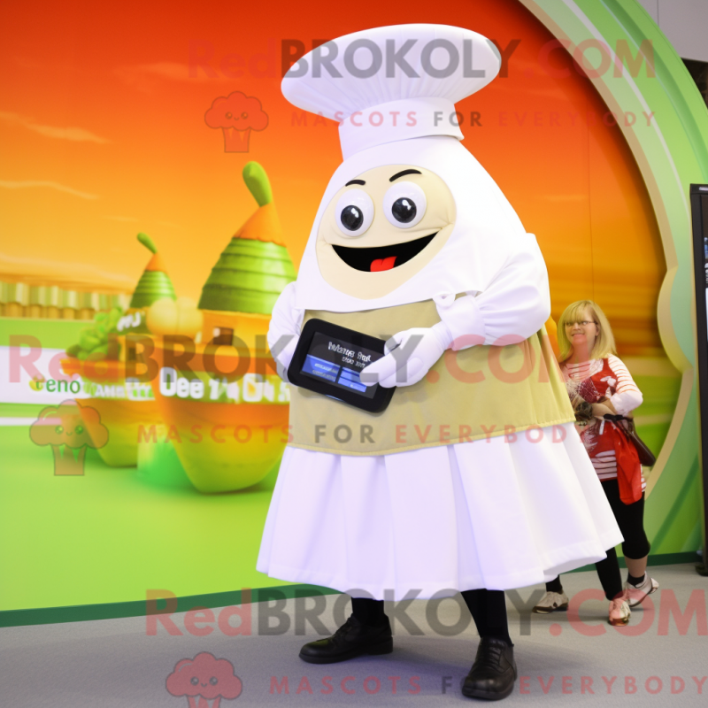 Mascot character of a Cream Onion dressed with a Culottes and Digital watches Mascot character of a Cream Onion dressed with a Culottes and Digital watches
