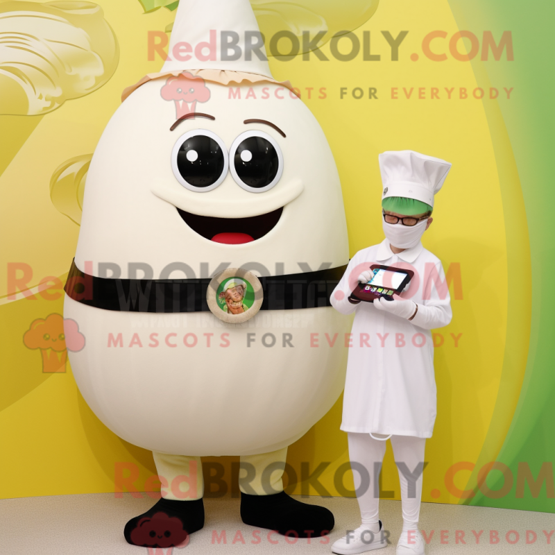Mascot character of a Cream Onion dressed with a Culottes and Digital watches Mascot character of a Cream Onion dressed with a Culottes and Digital watches