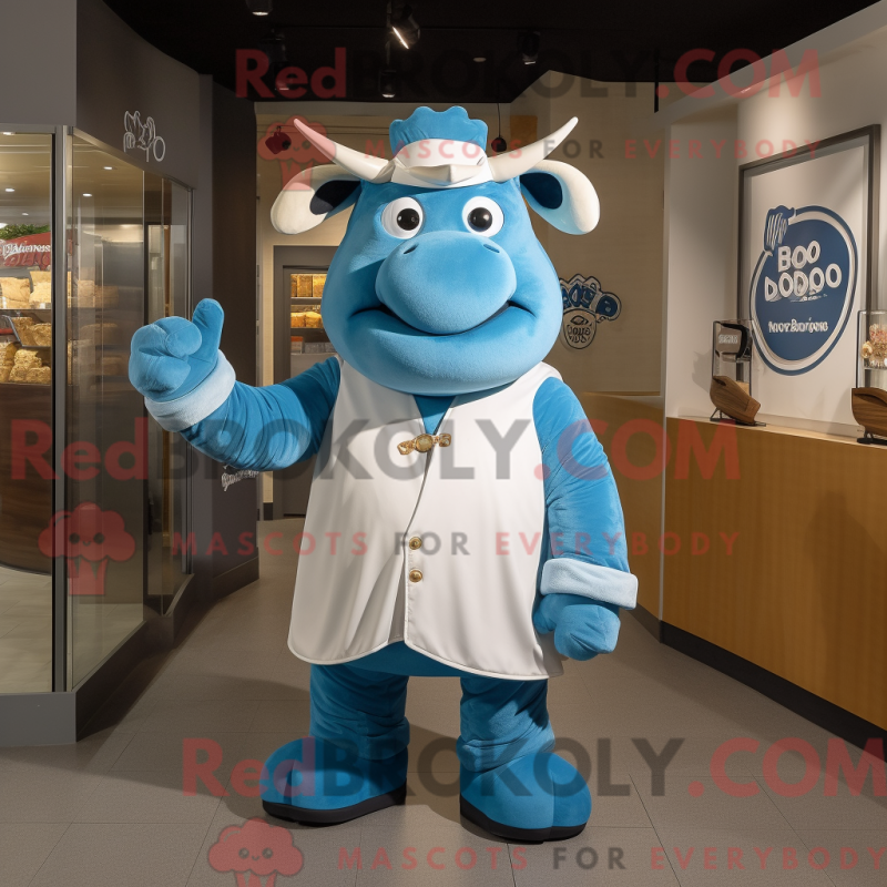 Mascot character of a Blue Beef Wellington dressed with a Long Sleeve Tee and Brooches Mascot character of a Blue Beef Wellington dressed with a Long Sleeve Tee and Brooches