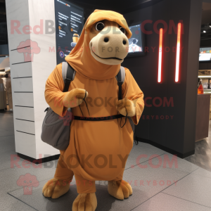 Rust Camel mascot costume character dressed with a Hoodie and Messenger bags
