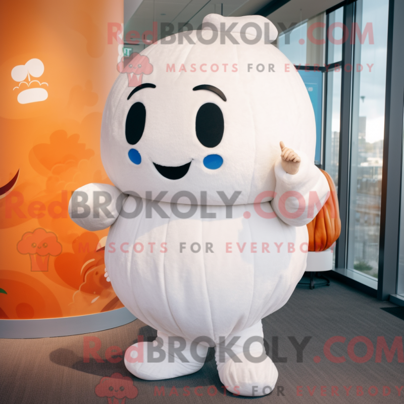 Mascot character of a White Pumpkin dressed with a Boyfriend Jeans and Mittens Mascot character of a White Pumpkin dressed with a Boyfriend Jeans and Mittens