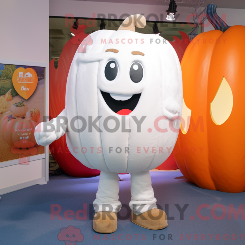 Mascot character of a White Pumpkin dressed with a Boyfriend Jeans and Mittens Mascot character of a White Pumpkin dressed with a Boyfriend Jeans and Mittens