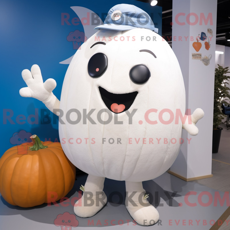 Mascot character of a White Pumpkin dressed with a Boyfriend Jeans and Mittens Mascot character of a White Pumpkin dressed with a Boyfriend Jeans and Mittens