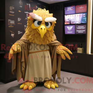 Mascot character of a Gold Harpy dressed with a Polo Shirt and Shawls