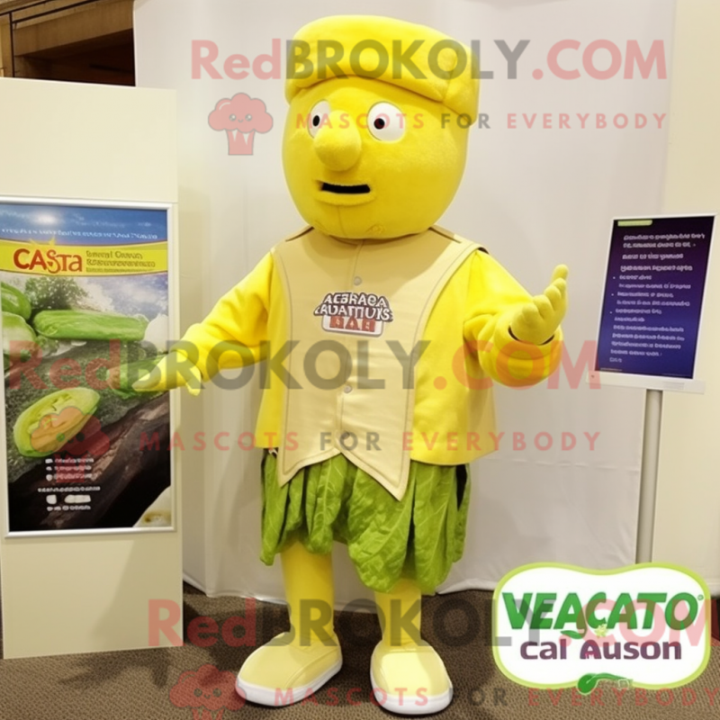 Mascot character of a Yellow Caesar Salad dressed with a Oxford Shirt and Lapel pins Mascot character of a Yellow Caesar Salad dressed with a Oxford Shirt and Lapel pins