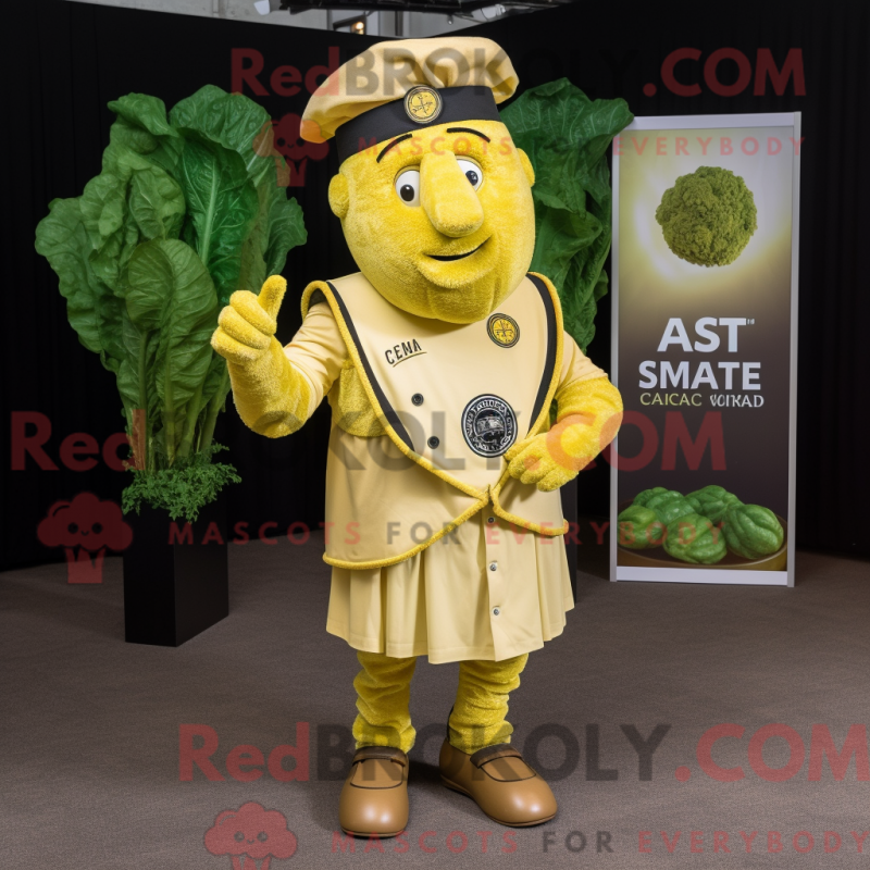 Mascot character of a Yellow Caesar Salad dressed with a Oxford Shirt and Lapel pins Mascot character of a Yellow Caesar Salad dressed with a Oxford Shirt and Lapel pins