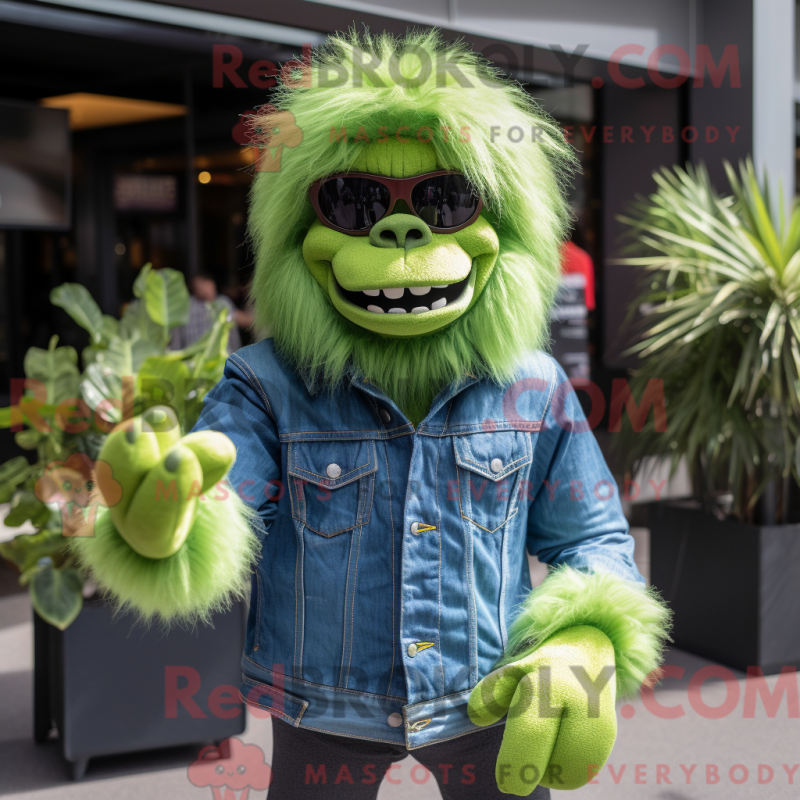 Mascot character of a Lime Green Gorilla dressed with a Flare Jeans and Sunglasses Mascot character of a Lime Green Gorilla dressed with a Flare Jeans and Sunglasses