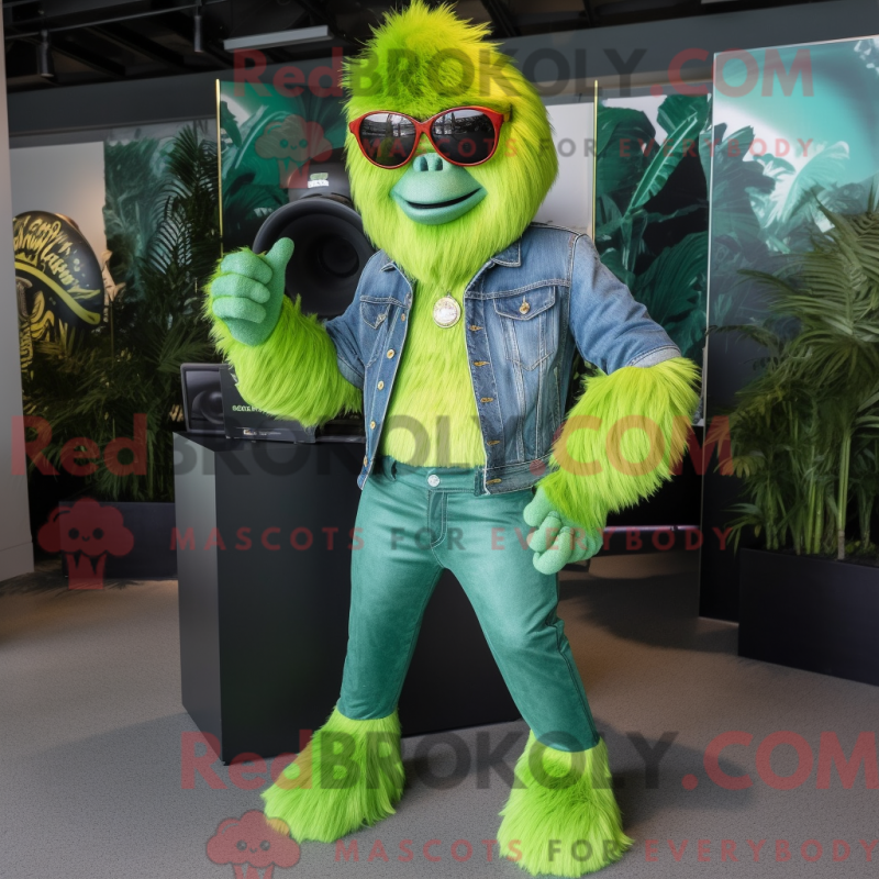 Mascot character of a Lime Green Gorilla dressed with a Flare Jeans and Sunglasses Mascot character of a Lime Green Gorilla dressed with a Flare Jeans and Sunglasses