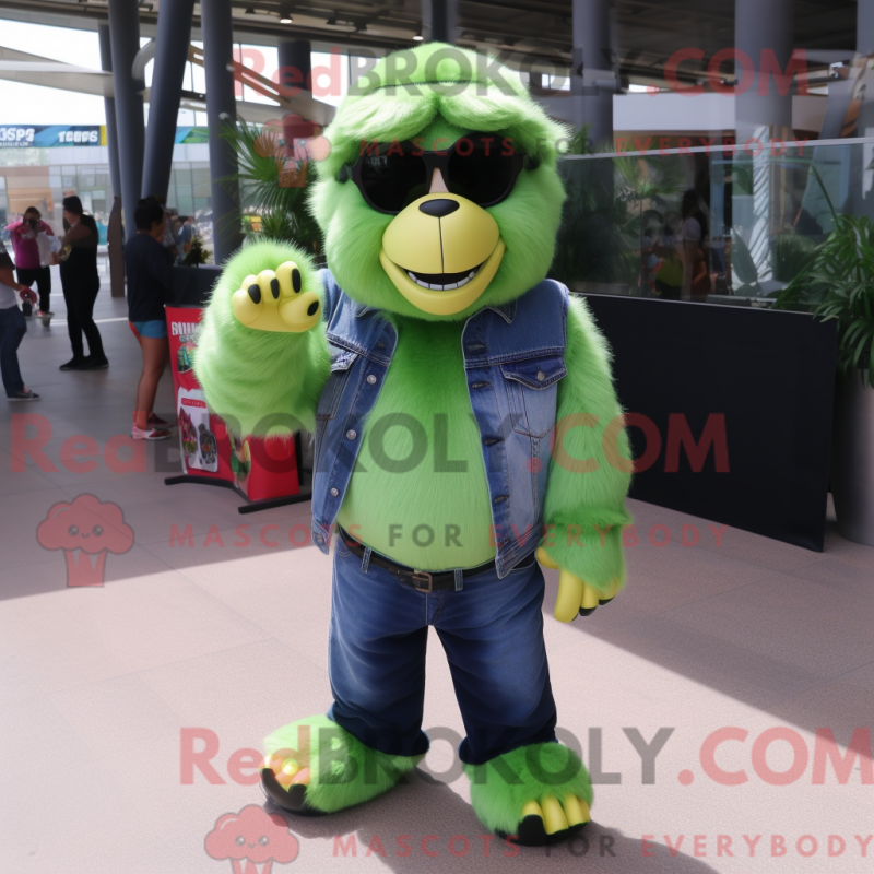 Mascot character of a Lime Green Gorilla dressed with a Flare Jeans and Sunglasses Mascot character of a Lime Green Gorilla dressed with a Flare Jeans and Sunglasses