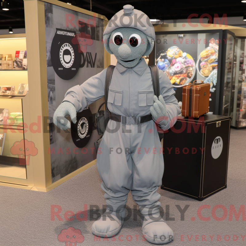 Mascot character of a Gray Para Commando dressed with a Circle Skirt and Briefcases Mascot character of a Gray Para Commando dressed with a Circle Skirt and Briefcases