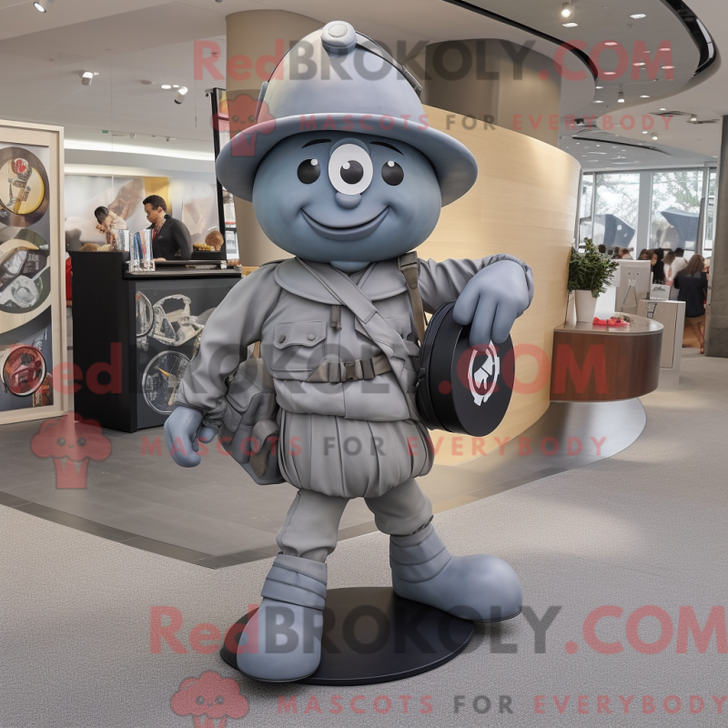 Mascot character of a Gray Para Commando dressed with a Circle Skirt and Briefcases Mascot character of a Gray Para Commando dressed with a Circle Skirt and Briefcases