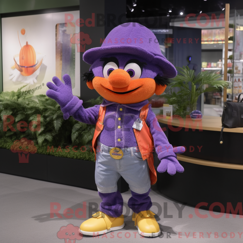 Mascot character of a Purple Mandarin dressed with a Flare Jeans and Suspenders Mascot character of a Purple Mandarin dressed with a Flare Jeans and Suspenders
