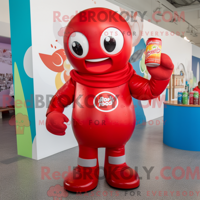 Mascot character of a Red Soda Can dressed with a Rash Guard and Keychains