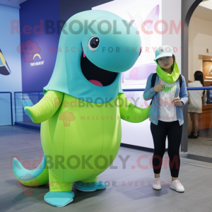 Lime Green Blue Whale mascot costume character dressed with a Leggings and Caps