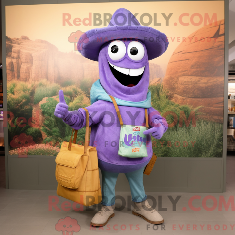 Mascot character of a Lavender Fajitas dressed with a Capri Pants and Messenger bags Mascot character of a Lavender Fajitas dressed with a Capri Pants and Messenger bags