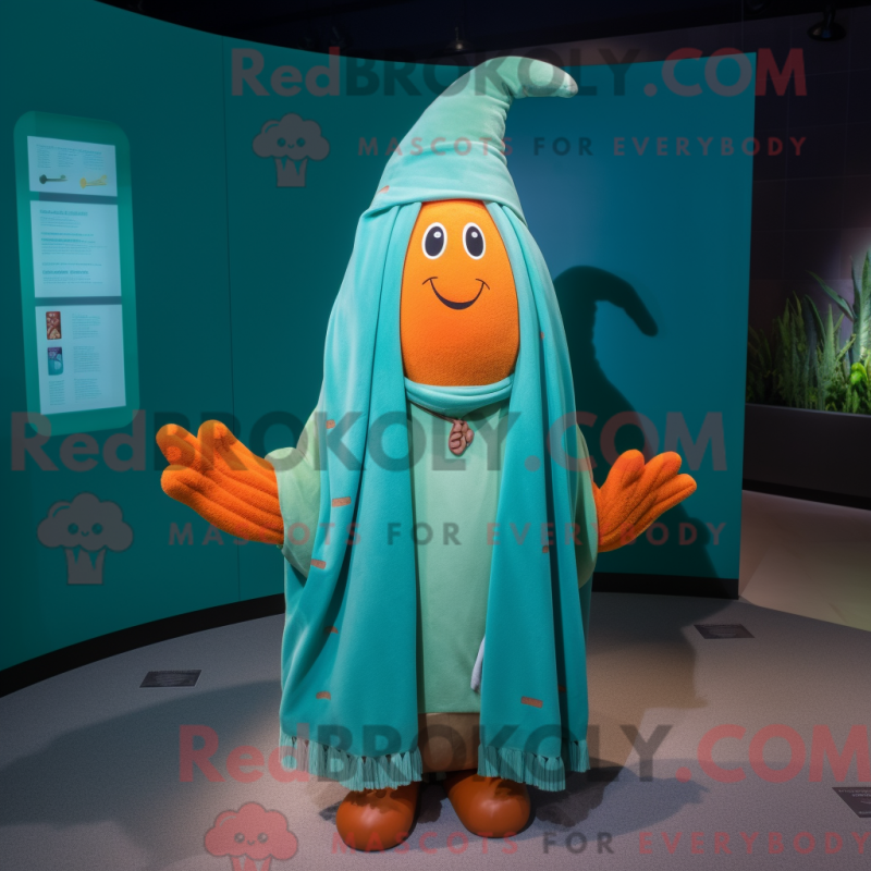 Mascot character of a Turquoise Carrot dressed with a Coat and Shawl pins Mascot character of a Turquoise Carrot dressed with a Coat and Shawl pins