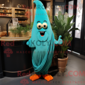 Mascot character of a Turquoise Carrot dressed with a Coat and Shawl pins