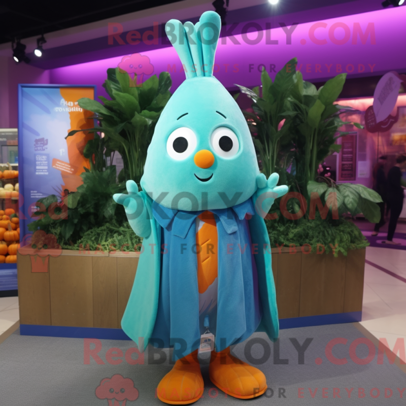 Mascot character of a Turquoise Carrot dressed with a Coat and Shawl pins Mascot character of a Turquoise Carrot dressed with a Coat and Shawl pins