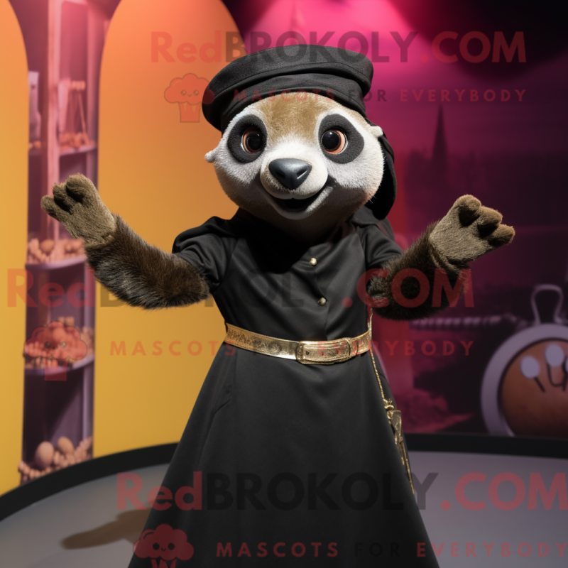 Mascot character of a Black Meerkat dressed with a Pleated Skirt and Beanies Mascot character of a Black Meerkat dressed with a Pleated Skirt and Beanies
