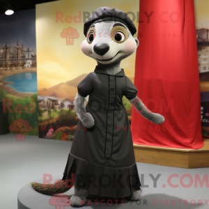 Mascot character of a Black Meerkat dressed with a Pleated Skirt and Beanies