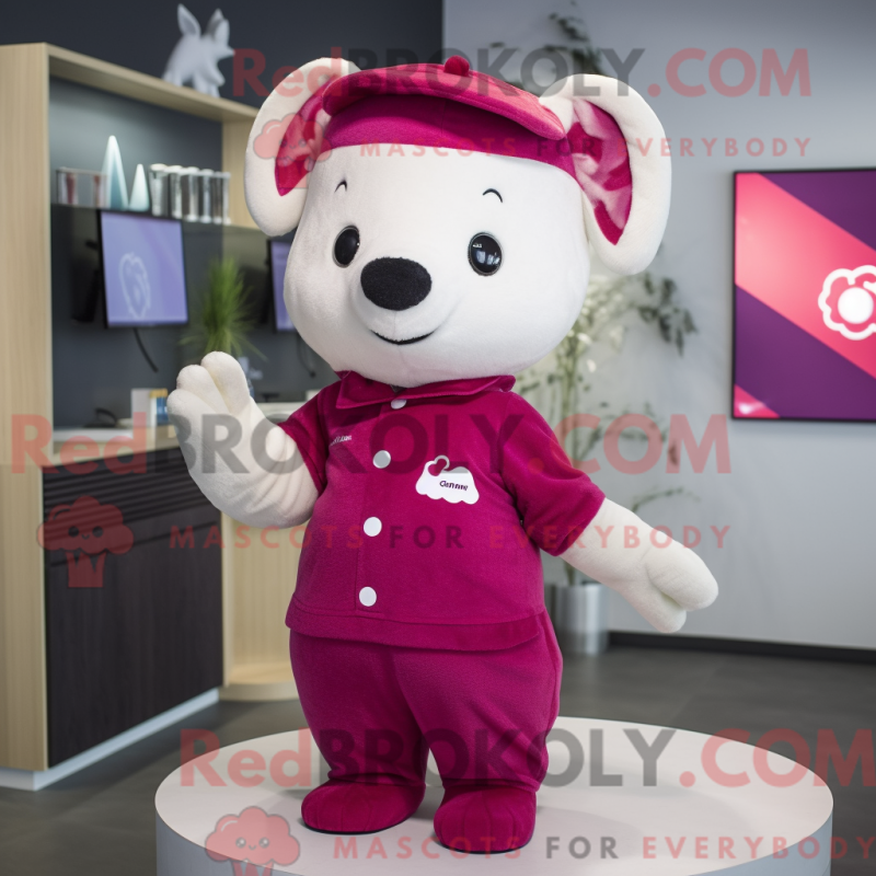 Mascot character of a Magenta Ermine dressed with a Playsuit and Caps Mascot character of a Magenta Ermine dressed with a Playsuit and Caps