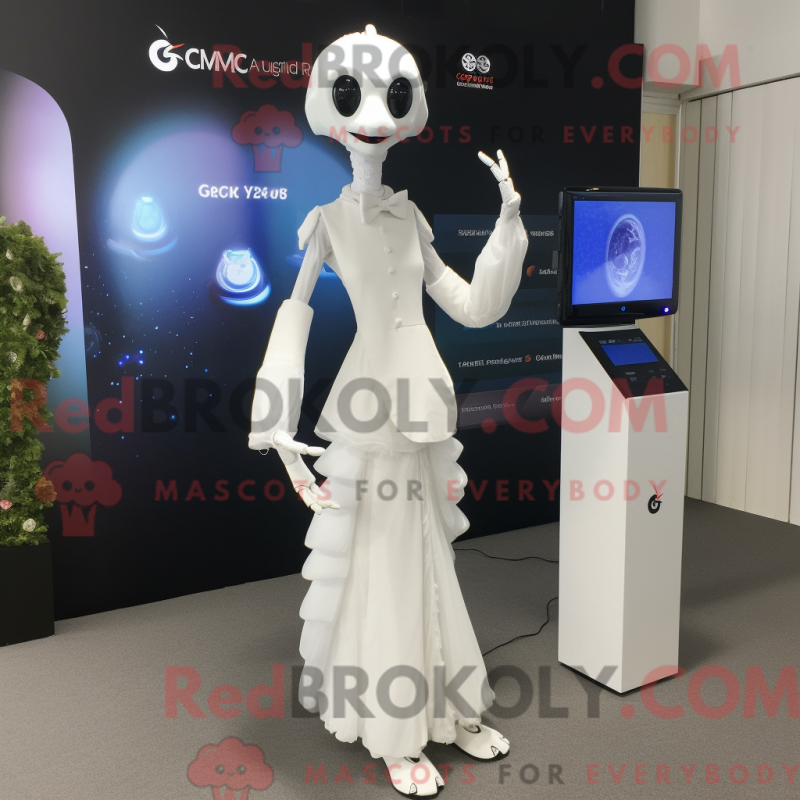 Mascot character of a White Stilt Walker dressed with a Wedding Dress and Digital watches Mascot character of a White Stilt Walker dressed with a Wedding Dress and Digital watches