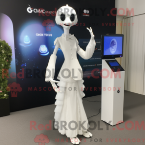 Mascot character of a White Stilt Walker dressed with a Wedding Dress and Digital watches