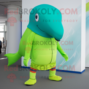 Lime Green Blue Whale mascot costume character dressed with a Leggings and Caps